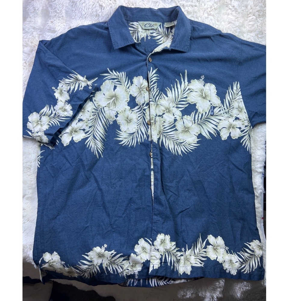Club Mens XXL Blue Hawaiian Hibiscus Floral Cotton Rayon Button Down Shirt
